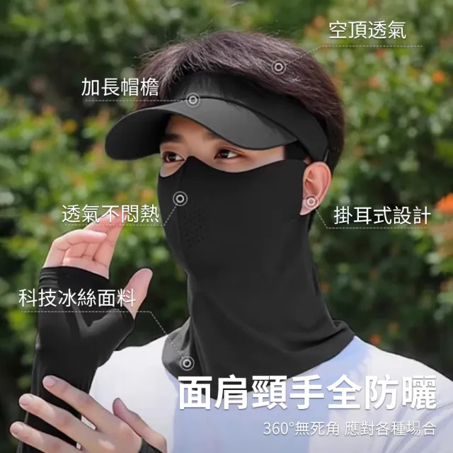 【Sumfun】戶外防曬三件套 空頂帽+防曬面罩+涼感袖套 防紫外線 抗UV 防曬帽 露指冰袖 騎行防曬裝備男