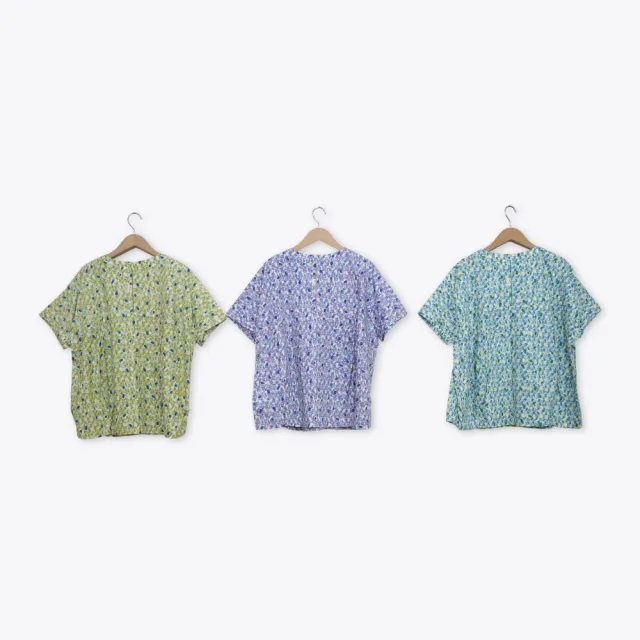 【MOSS CLUB】彩色幾何印章風格布花圓領襯衫 綠 紫 黃