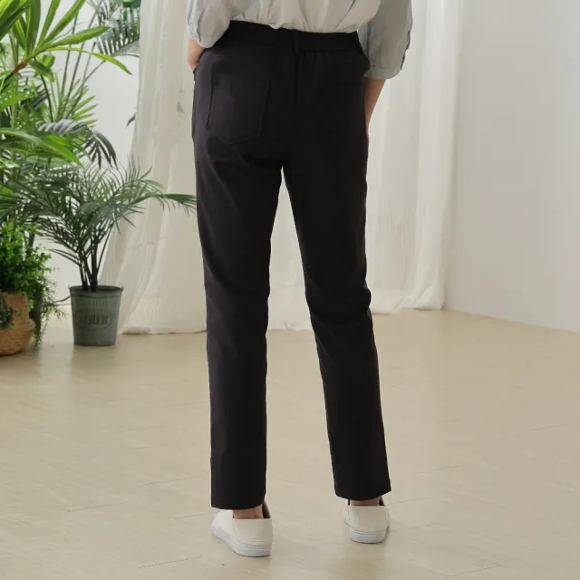 【CUMAR】修身後腰鬆緊褲口開衩彈性長褲 黑 卡 灰(魅力商品)