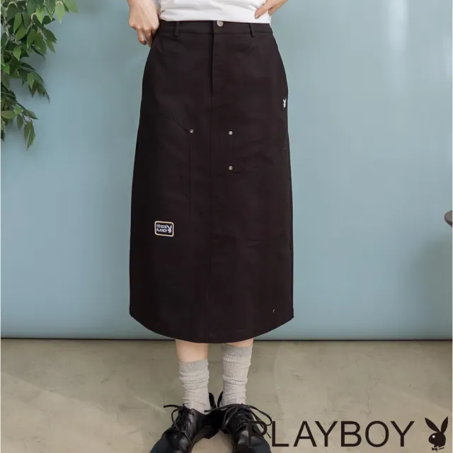 【PLAYBOY】棉質壓線開岔A字長裙 - 黑色