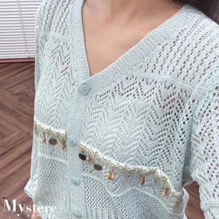 【my stere 我的時尚秘境】雙11 V領鏤空貝殼開襟上衣 三色可選 針織上衣 針織開襟 粗針織