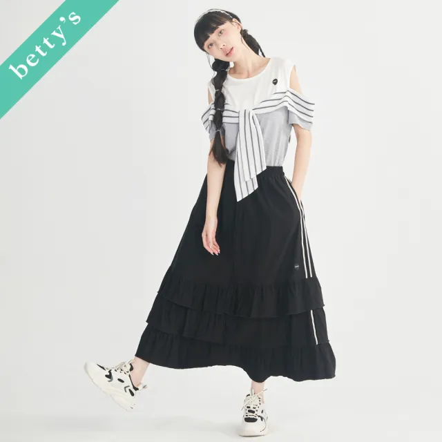 【betty’s 貝蒂思】織帶壓線不對稱拼接蛋糕裙(黑色)