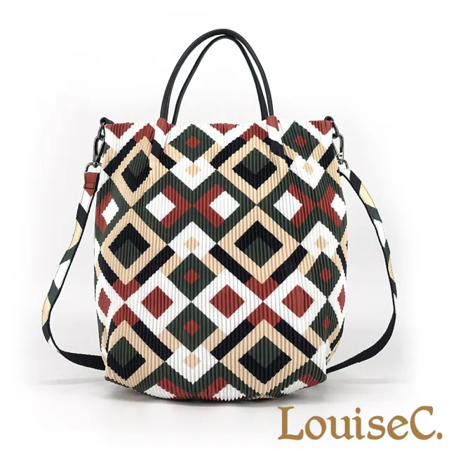 【LouiseC.】雙11 Tree House 日系三宅風 多彩菱格 壓褶防水布 小牛皮 手提斜背包 YS3867-K