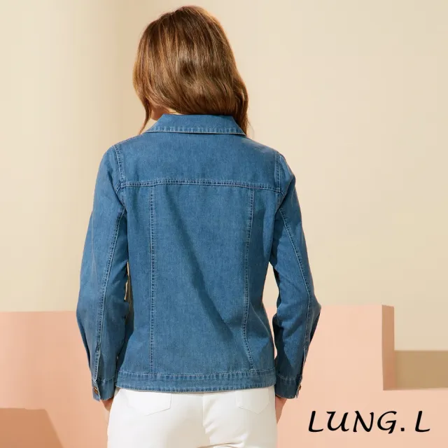 【LUNG.L 林佳樺】LU30C 藍色口袋橫條電繡輕薄長袖牛仔外套