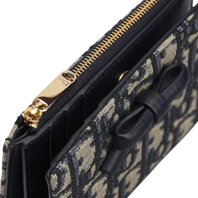 【Dior 迪奧】Oblique Bow Dahlia 蝴蝶結 緹花 錢包 卡夾 皮夾 短夾 藍色 S2503OUQY.M928