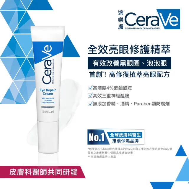 【CeraVe 適樂膚】全臉抗敏修復大全配★全效亮眼精萃14ml+全效修護精華水+全效超級修護乳52ml_D(安敏補水)