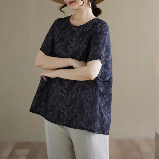 【AKARA】天絲涼感紗漣漪五分袖上衣 女裝 中大尺碼 均碼