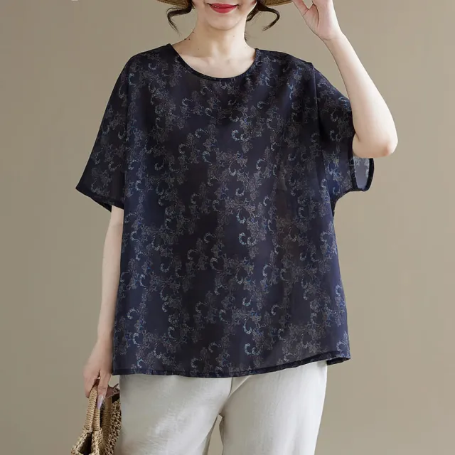 【AKARA】天絲涼感紗漣漪五分袖上衣 女裝 中大尺碼 均碼