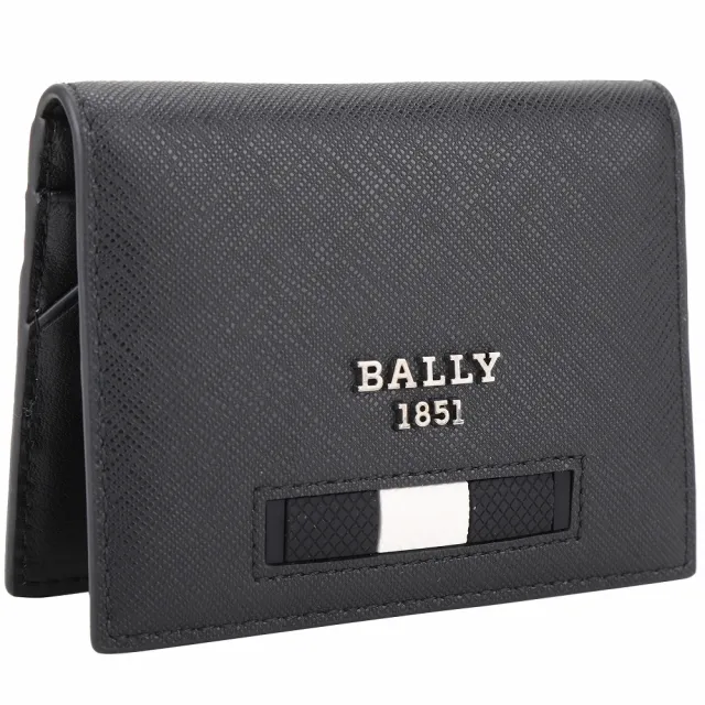 【BALLY】Balder 矽膠條紋飾塗層再生牛皮對折卡片夾-黑色(卡夾 皮夾)