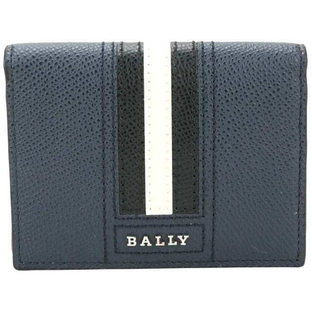 【BALLY】Talder 黑白條紋壓紋牛皮對折卡片夾-深藍色(皮夾 卡夾)