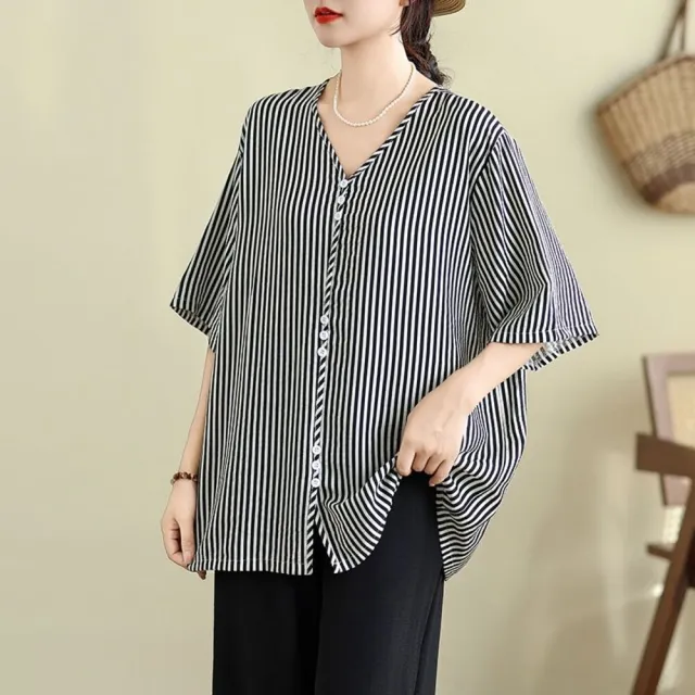 【AKARA】穿搭綿麻條紋五分袖襯衫上衣 女裝 中大尺碼 L-3XL