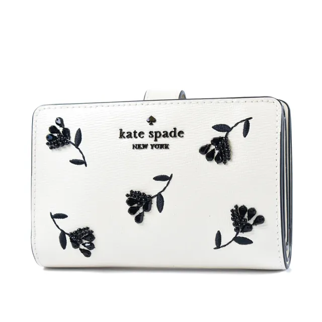【KATE SPADE】Floral 刺繡縫珠花卉漆皮紋理雙摺釦式中夾-奶霜白