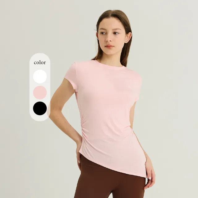 【YUANDONGLI 元動力】下襬不對稱側腰抓皺修身上衣(三色；S-XL；4261331204)