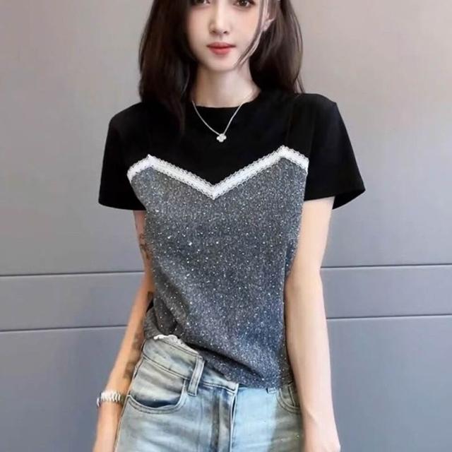 【AKARA】時尚韓版撞色拼接假兩件短袖上衣 女裝 中大尺碼 M-3XL