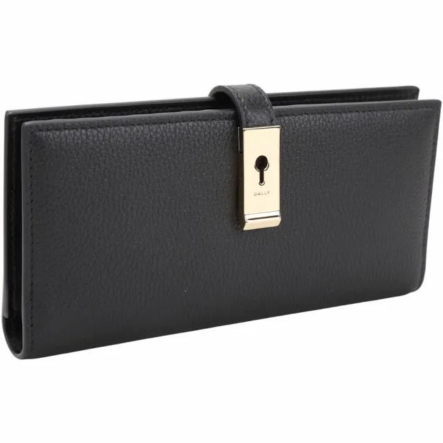 【BALLY】LOCK ME 鎖頭皮帶粒面小牛皮10卡釦式長夾-黑色(錢包 皮夾)