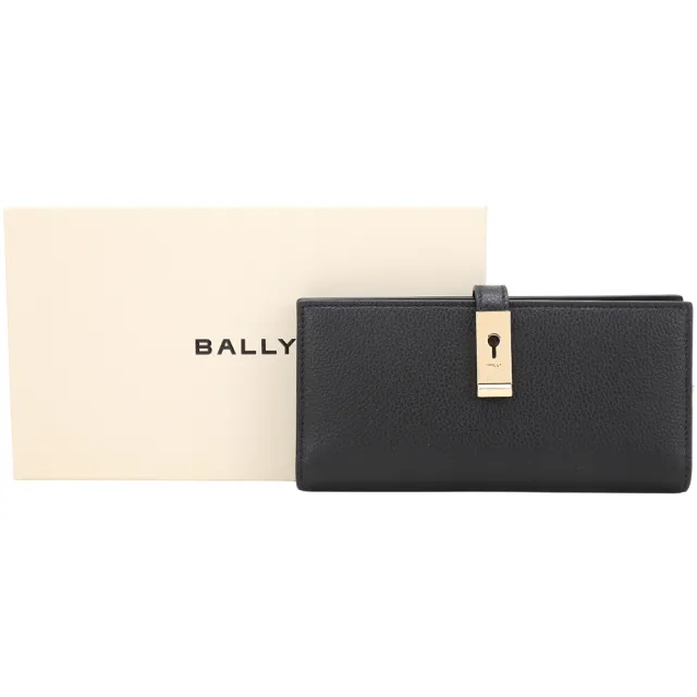 【BALLY】LOCK ME 鎖頭皮帶粒面小牛皮10卡釦式長夾-黑色(錢包 皮夾)