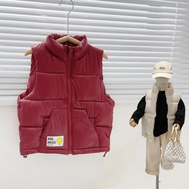 【橘魔法】小高領微笑貼布鋪棉背心 男童 女童 兒童 童裝 厚 夾克 馬甲 背心外套 中性款 外搭 過年