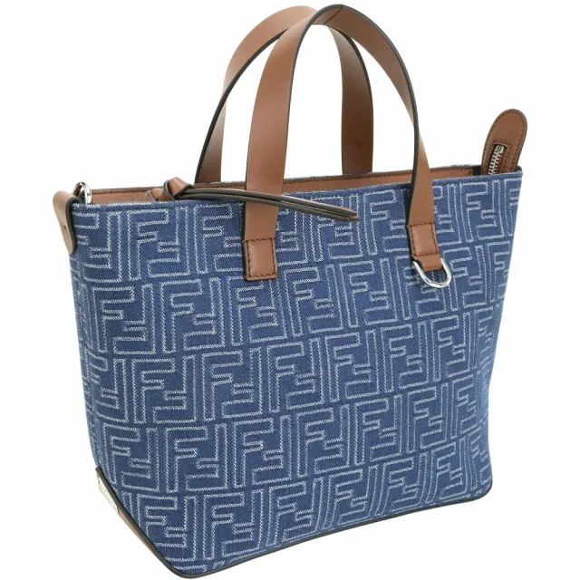 【FENDI 芬迪】小款 FF Squared 緹花牛仔布拼小牛皮手提托特包-藍色