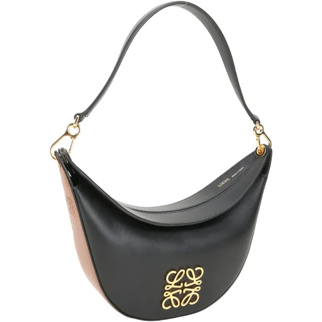 【LOEWE 羅威】Luna 緞面拚色小牛皮肩背半月包-黑色