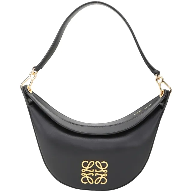 【LOEWE 羅威】Luna 緞面拚色小牛皮肩背半月包-黑色