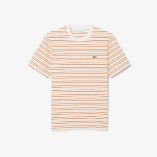 【LACOSTE】男裝-度假風細橫紋短袖T恤(橘色/白色)