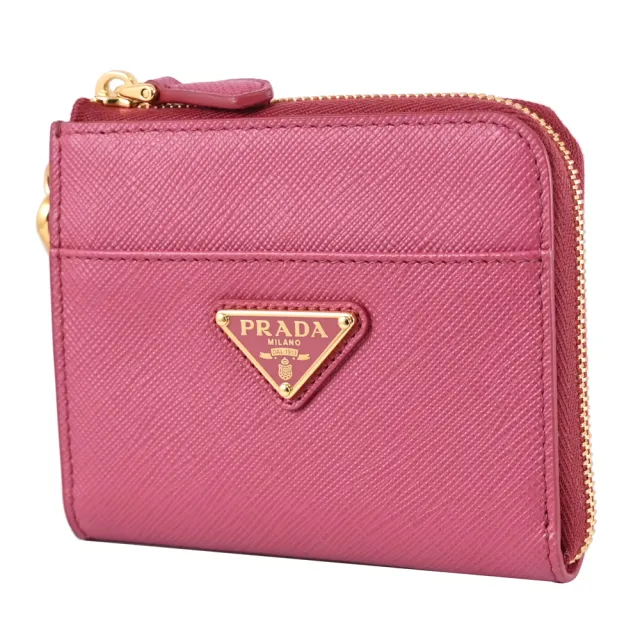 【PRADA 普拉達】簡約三角LOGO鍊條掛飾鈔票零錢包短夾(桃粉)
