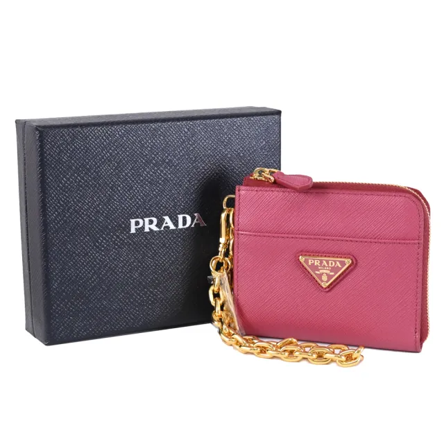 【PRADA 普拉達】簡約三角LOGO鍊條掛飾鈔票零錢包短夾(桃粉)