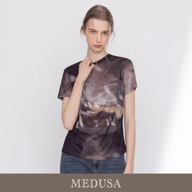 【MEDUSA 曼度莎】現貨-潑墨暈染層次感扭結網布上衣(M-XL)|暈染上衣 女休閒上衣 女短袖T恤