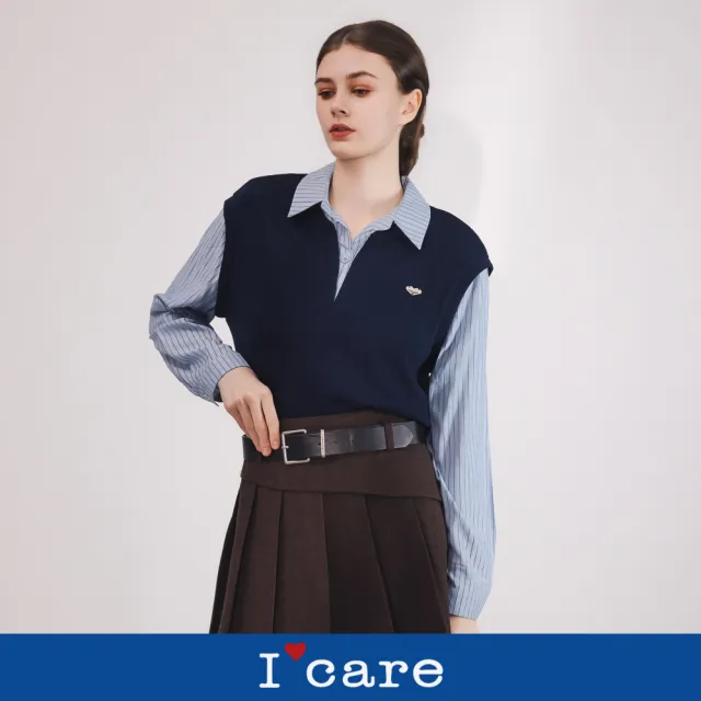 【I’Care 依卡】現貨-層次感拼接背心條紋襯衫（M-L）｜條紋襯衫 假兩件上衣 女休閒上衣