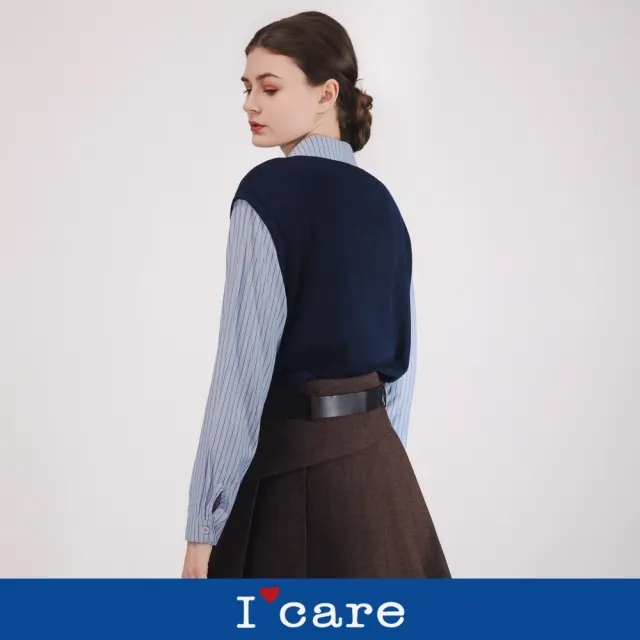 【I’Care 依卡】現貨-層次感拼接背心條紋襯衫（M-L）｜條紋襯衫 假兩件上衣 女休閒上衣
