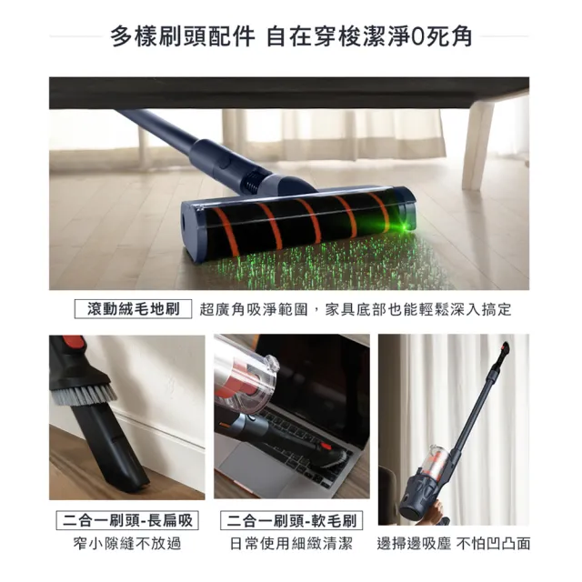 【TECO 東元】大全配綠光顯塵無線吸塵器XJ2501CB(23Kpa/九錐氣旋/HEPA過濾/絨毛電動滾刷/momo獨家)15031669