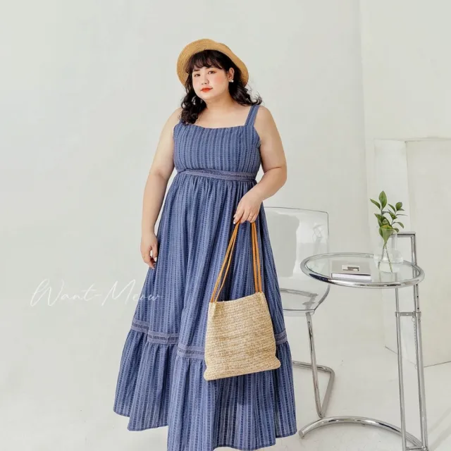 【Want-Meow】90公斤可穿/韓系精緻蕾絲吊帶長裙長洋裝(大碼/大尺碼/加大碼/孕婦裝/吊帶裙)