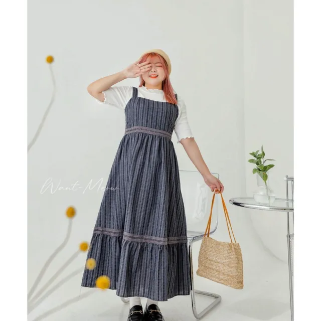 【Want-Meow】90公斤可穿/韓系精緻蕾絲吊帶長裙長洋裝(大碼/大尺碼/加大碼/孕婦裝/吊帶裙)