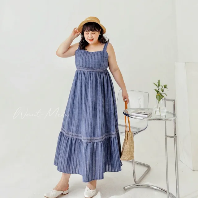【Want-Meow】90公斤可穿/韓系精緻蕾絲吊帶長裙長洋裝(大碼/大尺碼/加大碼/孕婦裝/吊帶裙)