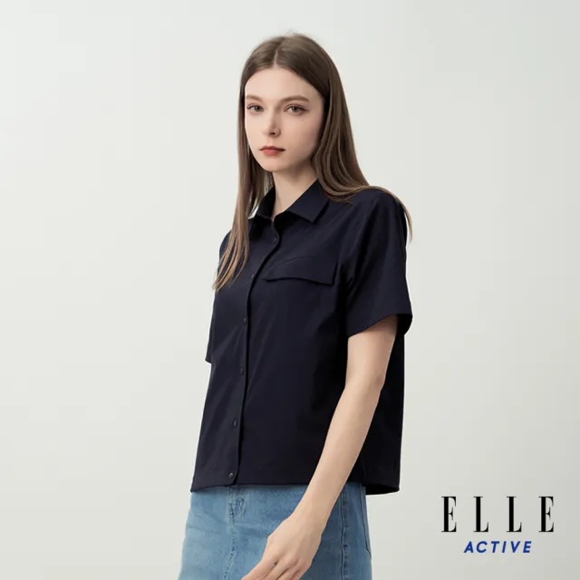 【ELLE ACTIVE】女款 法式極簡俐落剪裁短袖襯衫-深藍色(EA26S2W1303-39)