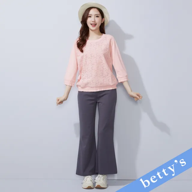 【betty’s 貝蒂思】花花蕾絲拼接抽皺七分袖T-shirt(粉色)