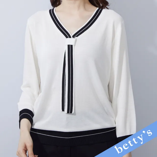 【betty’s 貝蒂思】撞色領口V領綁帶針織衫(白色)
