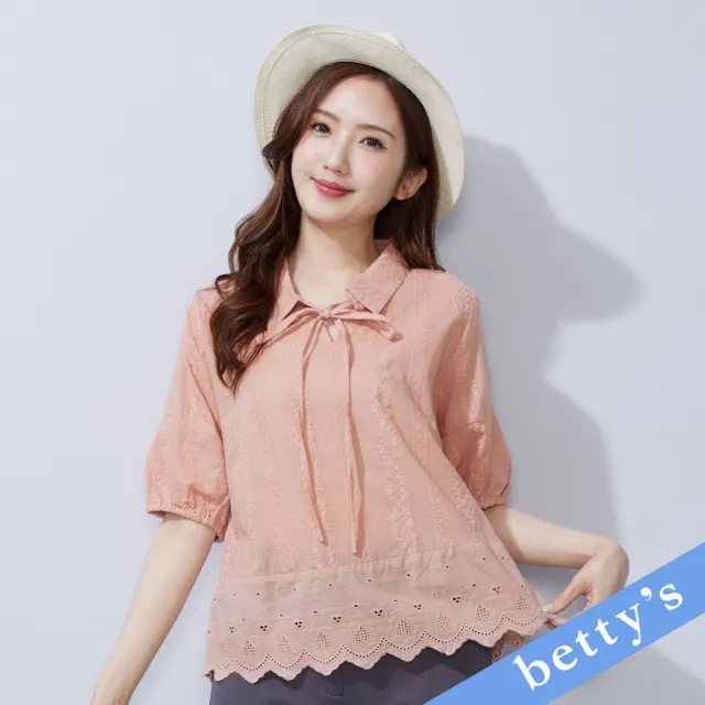 【betty’s 貝蒂思】花草蕾絲拼接翻領綁帶上衣(粉色)(其他規格)