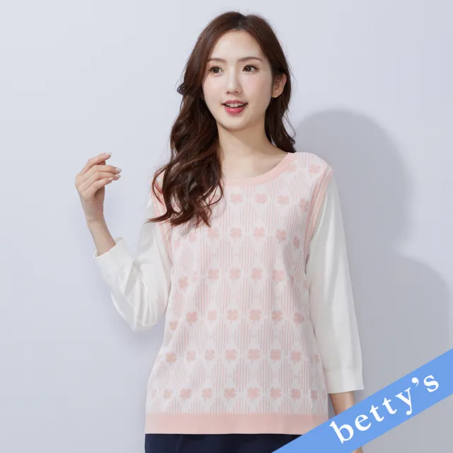 【betty’s 貝蒂思】假兩件菱格條紋幸運草針織衫(粉色)(其他規格)