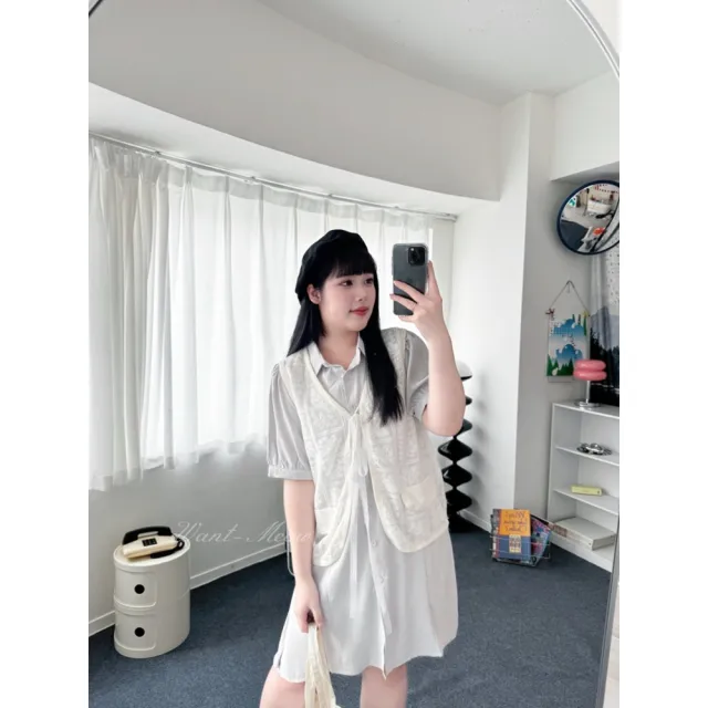 【Want-Meow】70公斤可穿/氣質韓系簡約風短袖有領洋裝自帶腰帶連身裙(大碼/大尺碼/加大碼/洋裝)