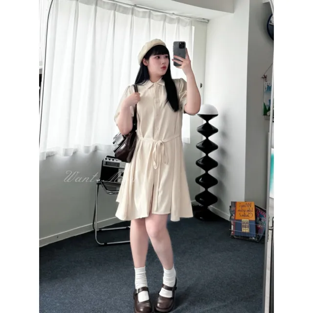 【Want-Meow】70公斤可穿/氣質韓系簡約風短袖有領洋裝自帶腰帶連身裙(大碼/大尺碼/加大碼/洋裝)