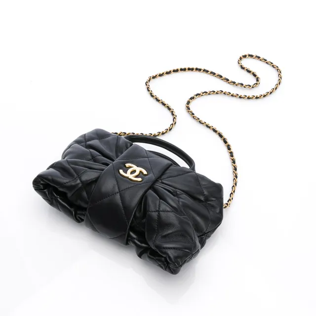 【CHANEL 香奈兒】25K 迷你 蝴蝶結包(黑/金-亮面小羊皮/金黑雙色鏈帶)『entrupy安心購』