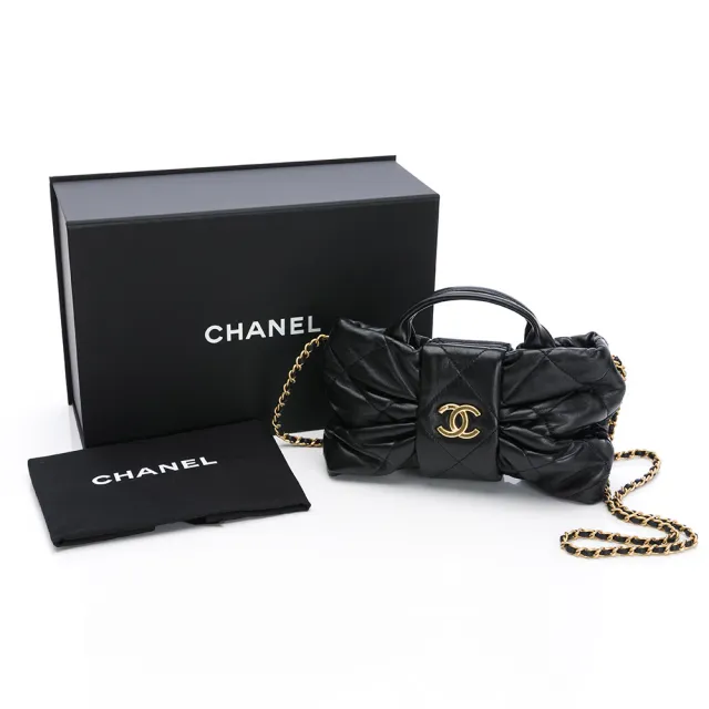 【CHANEL 香奈兒】25K 迷你 蝴蝶結包(黑/金-亮面小羊皮/金黑雙色鏈帶)『entrupy安心購』