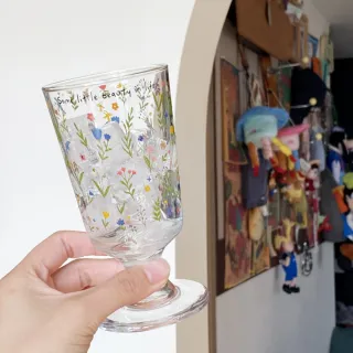 【hoi! 好好生活】韓系 小花高腳玻璃水杯250ml (多款可選)