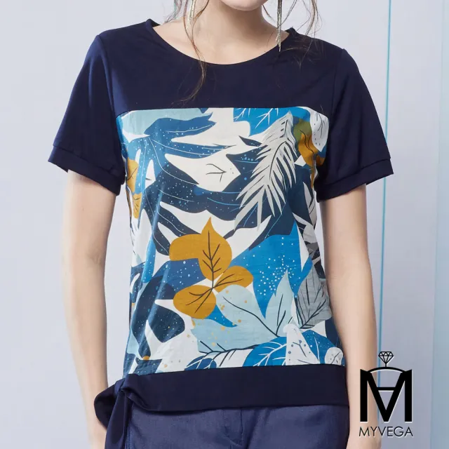 【MYVEGA 麥雪爾】MA純棉度假風葉片印花綁帶上衣-深藍(女上衣/短袖上衣/純棉T)