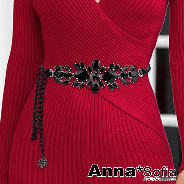 【AnnaSofia】腰鍊腰帶腰封-璀璨星芒 奢華寶石風 現貨(黑晶-銀系)