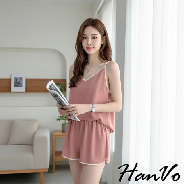 【HanVo】現貨 冰絲緞面v領睡衣套裝(薄款成套睡衣睡褲 日系性感套裝居家服 女生衣著 A08-5947)