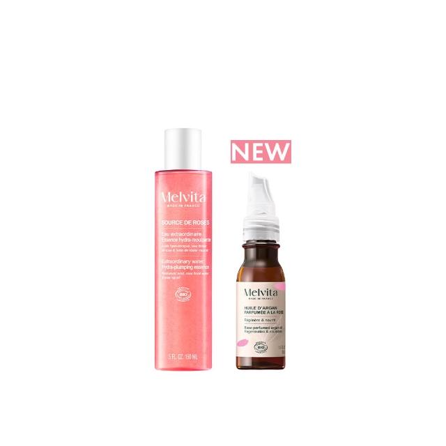 【Melvita 蜜葳特】玫瑰油水養膚精萃組(玫瑰摩洛哥堅果油50ml+彈力精萃露150ml)