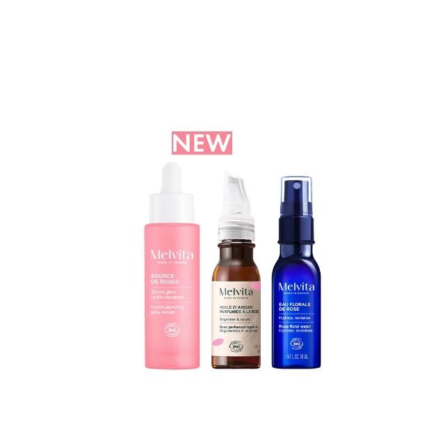 【Melvita 蜜葳特】玫瑰油水養膚必備組(彈力精華30ml+玫瑰摩洛哥堅果油50ml+玫瑰花粹50ml)