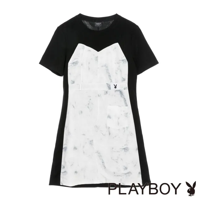 【PLAYBOY】黑色拼接潑墨修身洋裝 - 黑色